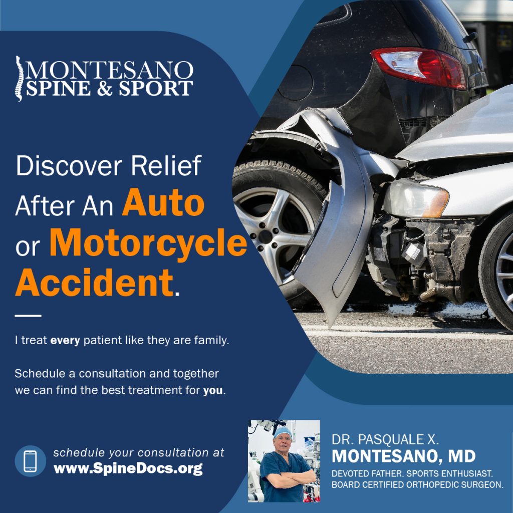 Discover pain relief after an auto or motorcycle accident and make the choice to contact Dr. Montesano at Montesano Spine and Sport. 