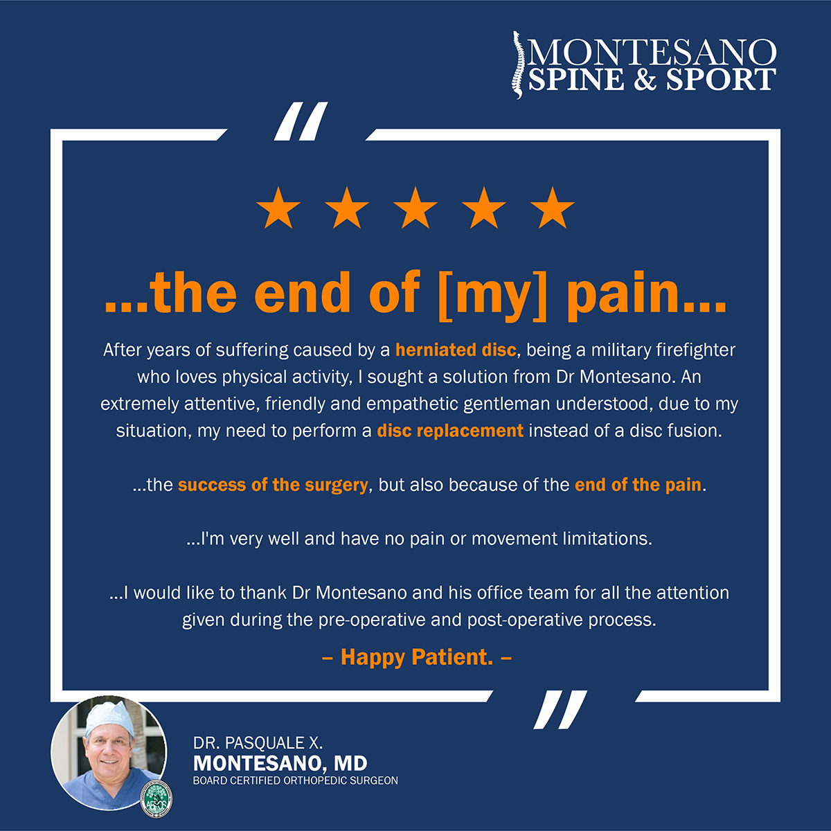 Read more about the article Disc Replacement Testimonial: “..the end of the pain”