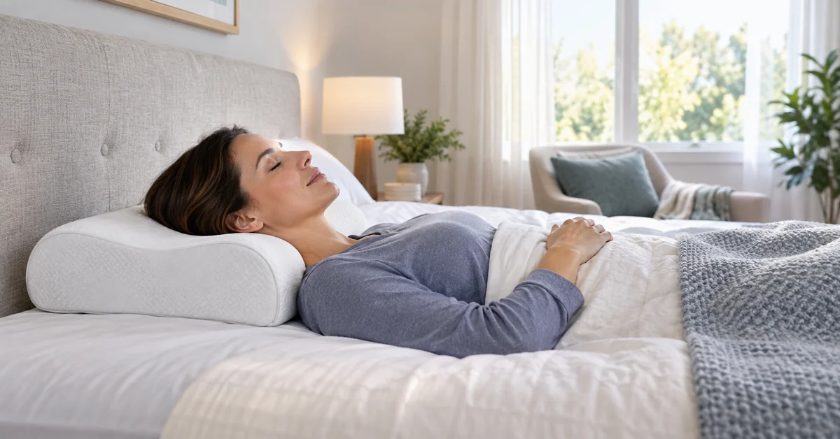 Adult using a contoured cervical pillow for neutral neck alignment