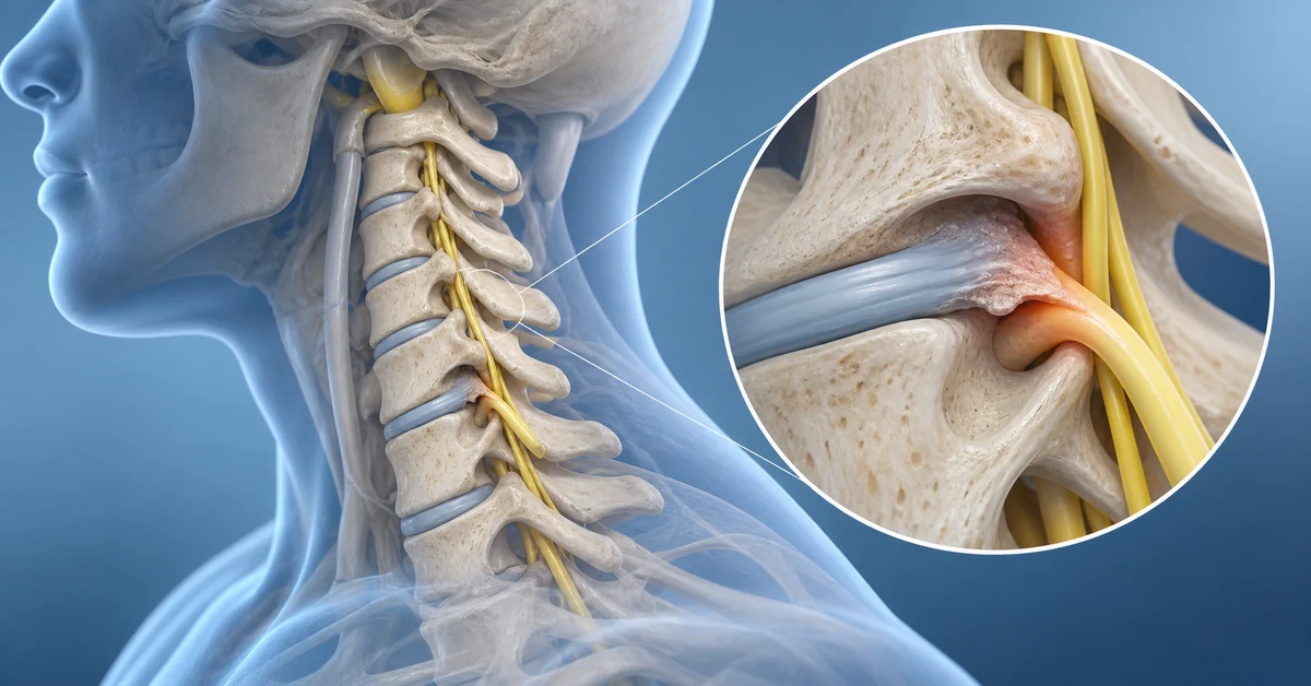 Medical illustration of a pinched cervical nerve root