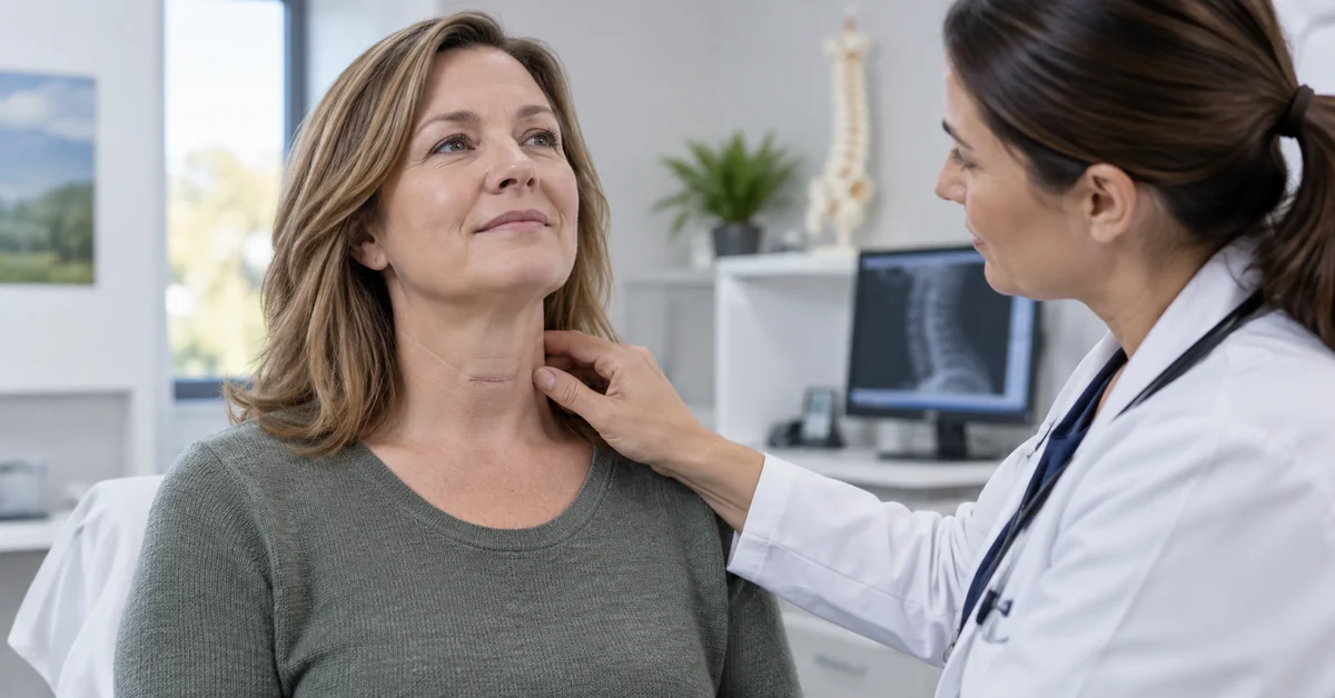Clinician examining a healed cervical fusion scar