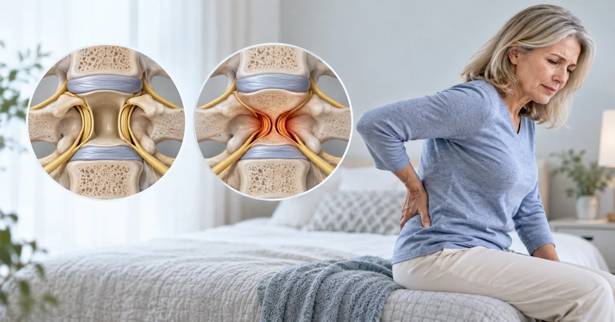 Medical illustration comparing normal and narrowed lumbar spinal canals