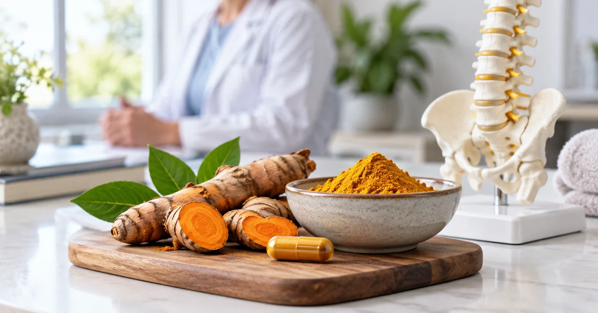 Turmeric root powder and curcumin supplement beside a spine model