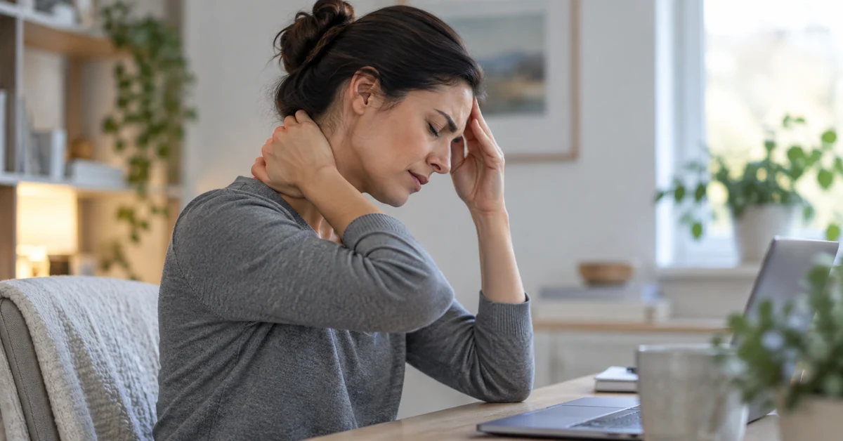 Adult experiencing neck stiffness and headache at the base of the skull