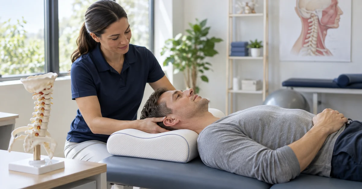 Physical therapist demonstrating cervical pillow support for neck alignment