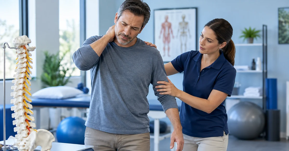Physical therapist evaluating cervical radiculopathy and dizziness