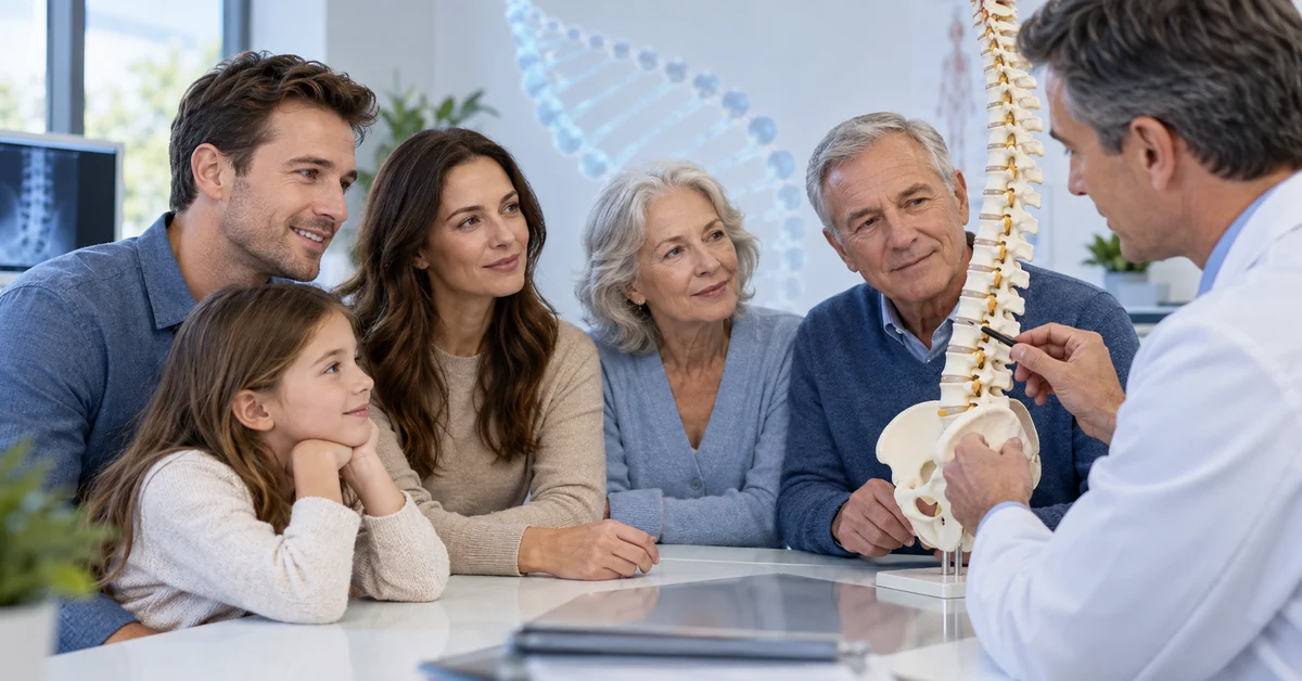 Multigenerational family discussing hereditary disc degeneration risk