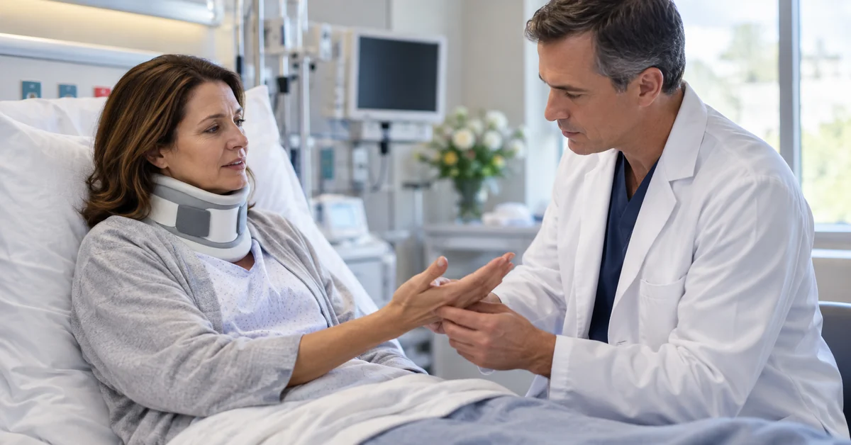 Spine surgeon assessing hand numbness after cervical surgery
