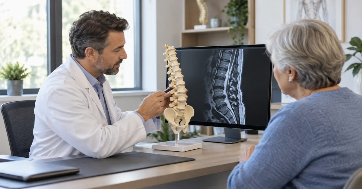 Spine specialist explaining spinal stenosis imaging to a patient