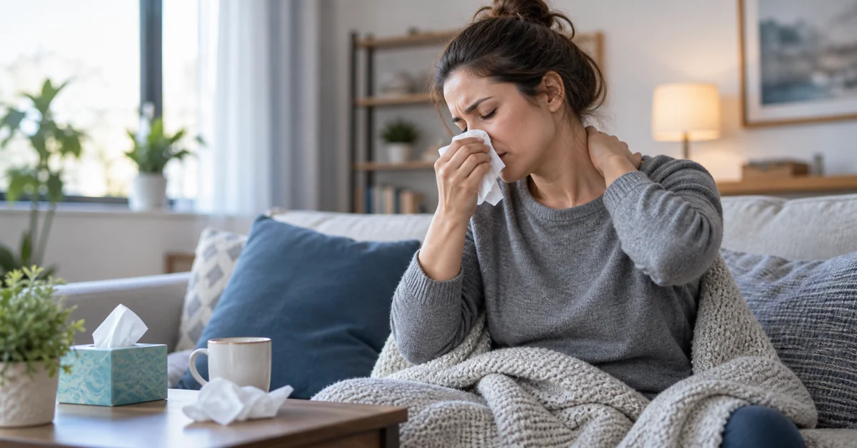 Adult experiencing upper-back tension during a sinus infection
