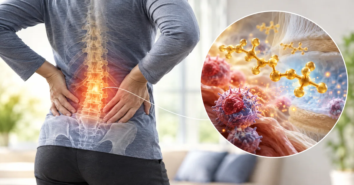 Scientific illustration of curcumin interacting with inflammatory back tissues
