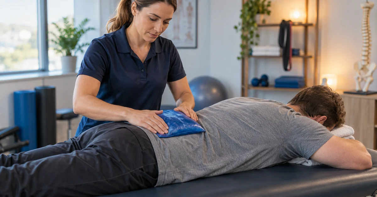Physical therapist demonstrating safe ice therapy for back pain