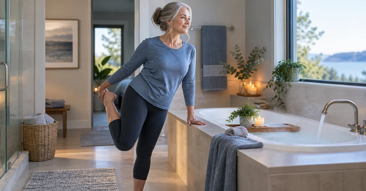 Older adult performing gentle mobility exercises beside a warm bath