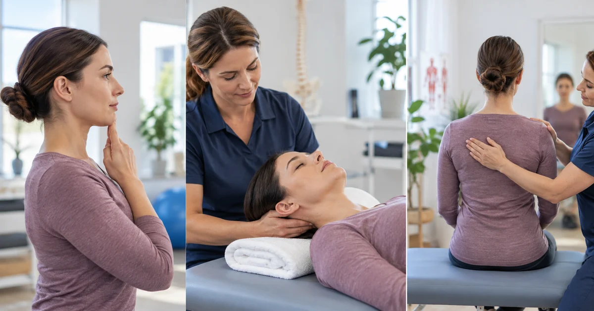 Physical therapist guiding exercises for pain at the base of the skull