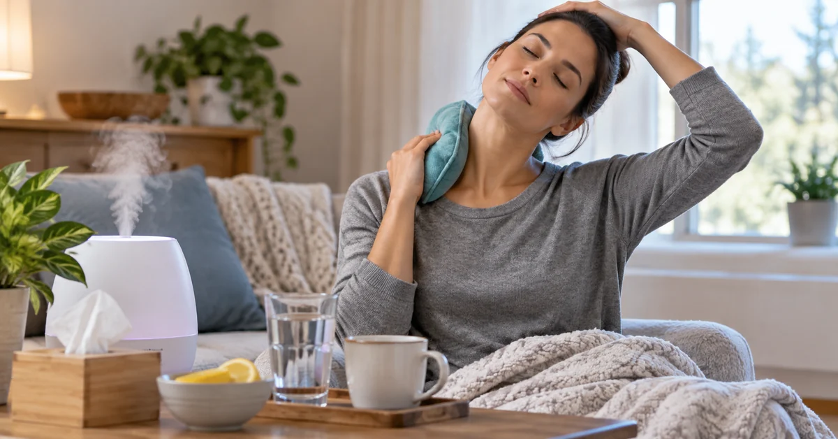 Warm compress hydration and gentle stretching for sinus-related neck pain