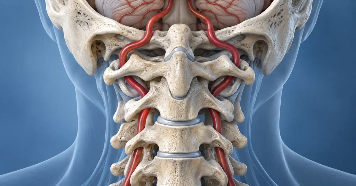 Medical illustration of vertebral arteries passing through the cervical spine