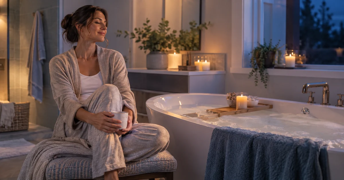 Adult relaxing beside a warm bath to reduce stress-related spine tension