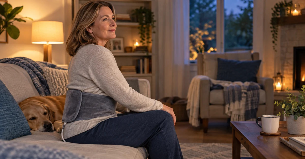 Adult using a heating pad for chronic lower-back stiffness
