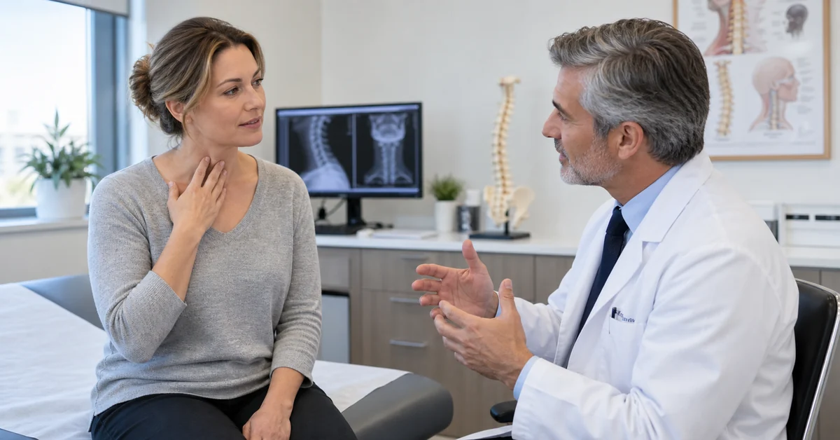 Patient discussing cervical fusion scar tenderness with a surgeon