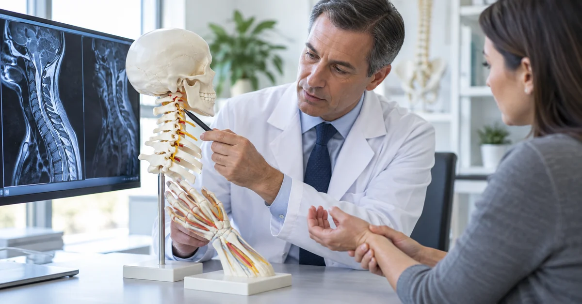 Clinician explaining causes of persistent hand numbness after surgery