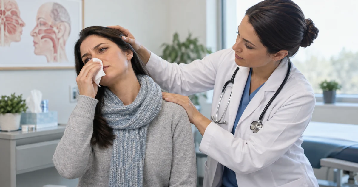 Clinician assessing a stiff neck during a sinus infection