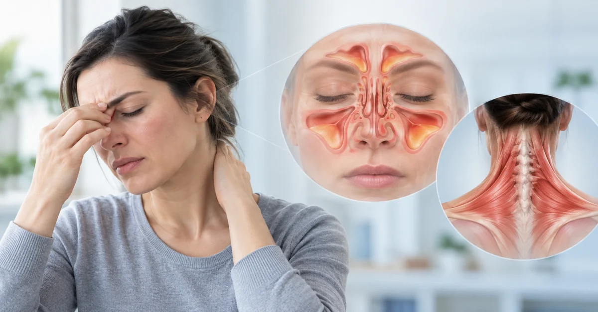 Medical illustration of sinus congestion and tense neck muscles