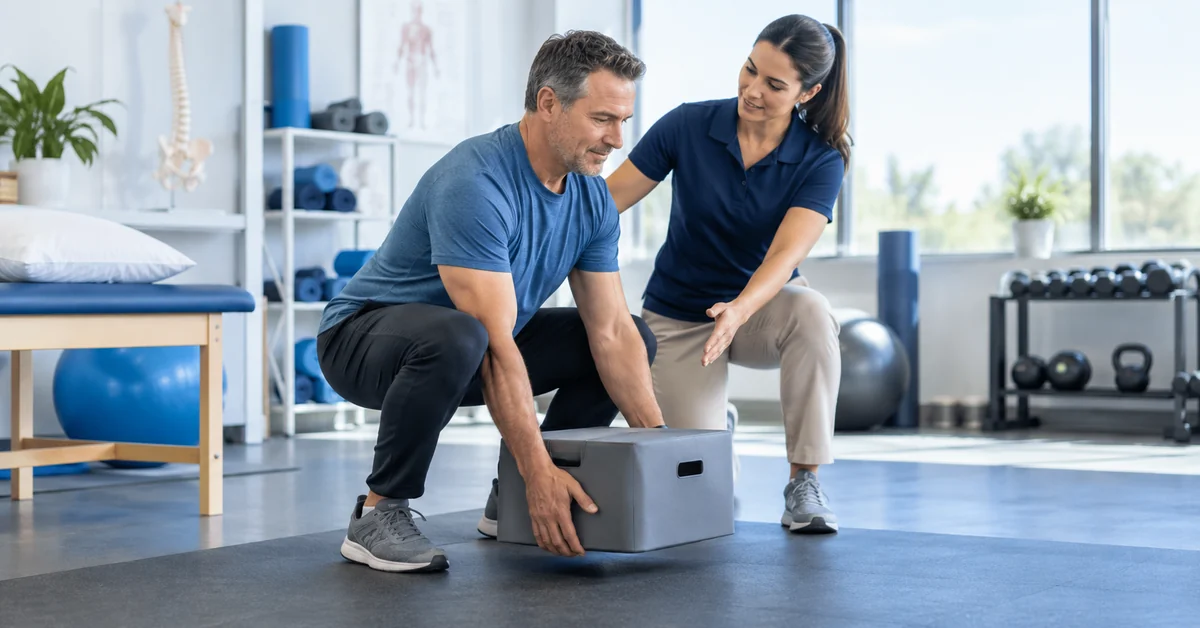 Physical therapist teaching spine-friendly exercise and lifting technique