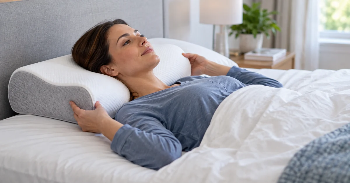 Adult correctly positioning a cervical pillow for sleep