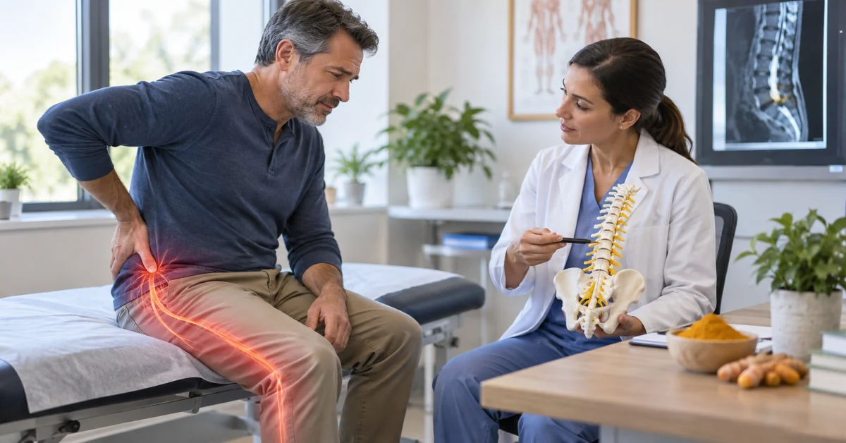 Patient discussing turmeric and sciatica care with a clinician