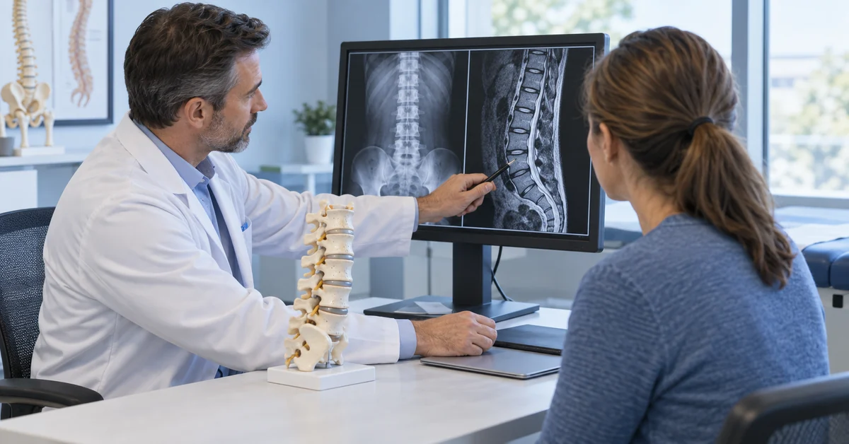 Spine specialist diagnosing degenerative disc disease with MRI imaging