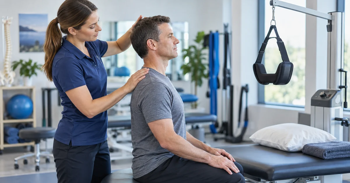 Physical therapist guiding treatment for neck-related dizziness