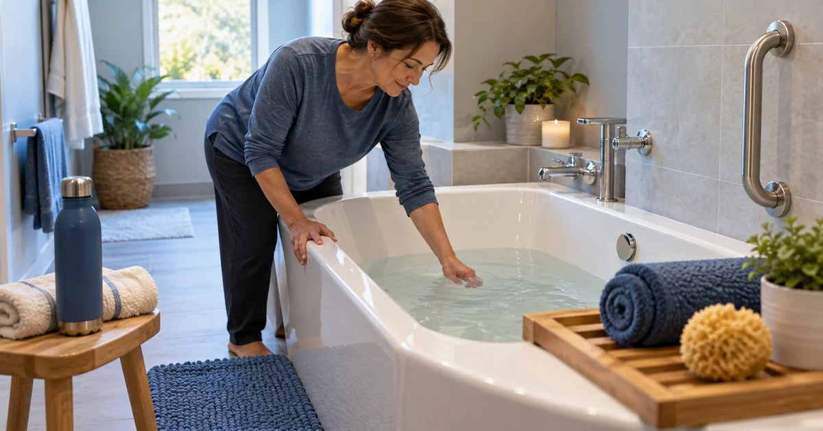 Safe spine-friendly bath setup with support towel grab rail and water
