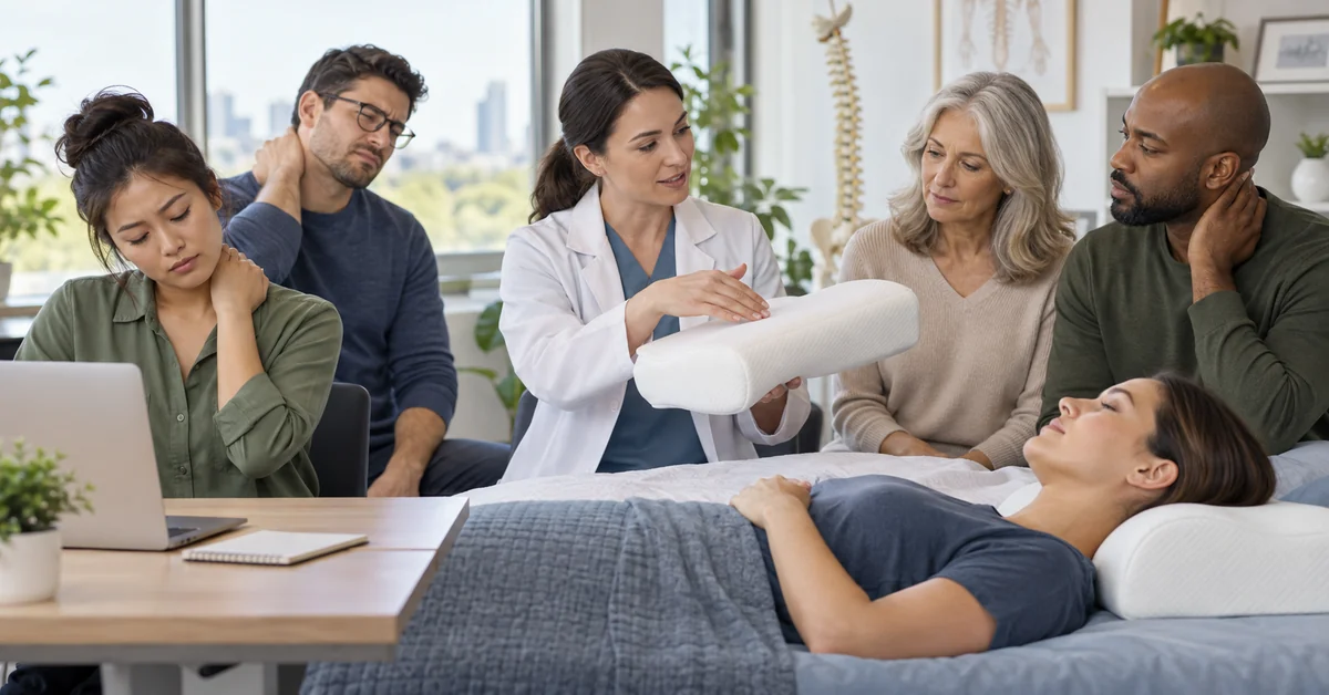 Adults discussing cervical pillow use for neck discomfort