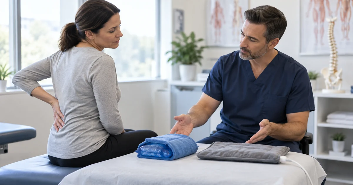 Clinician helping a patient choose ice or heat for back pain