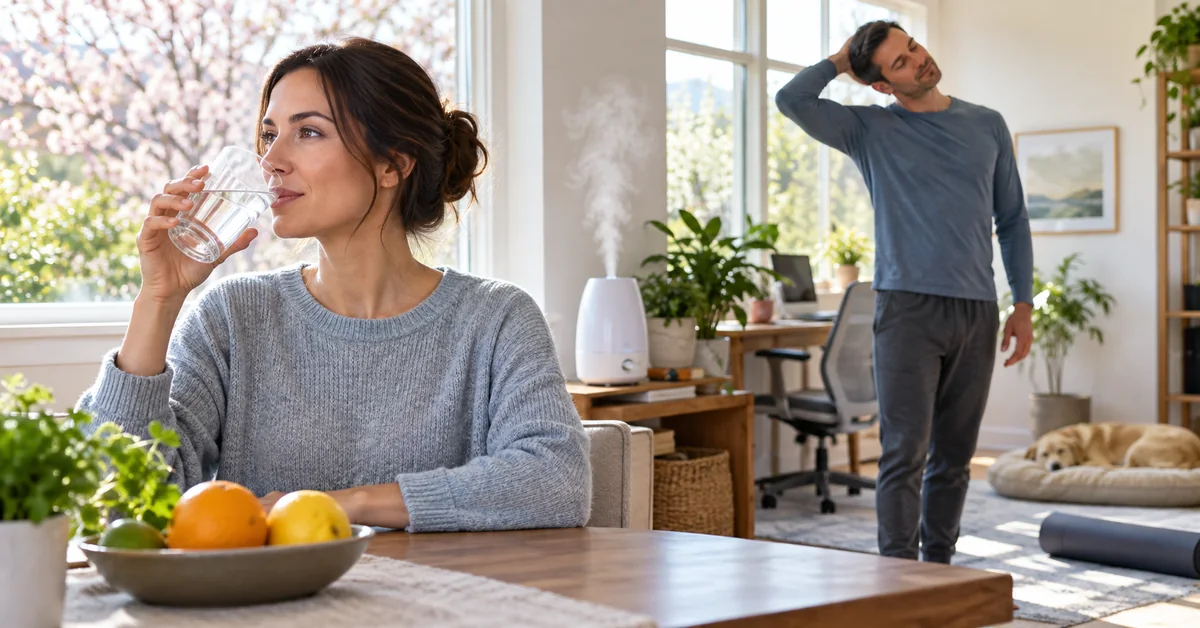 Hydration humidified air and posture habits for sinus-related neck pain