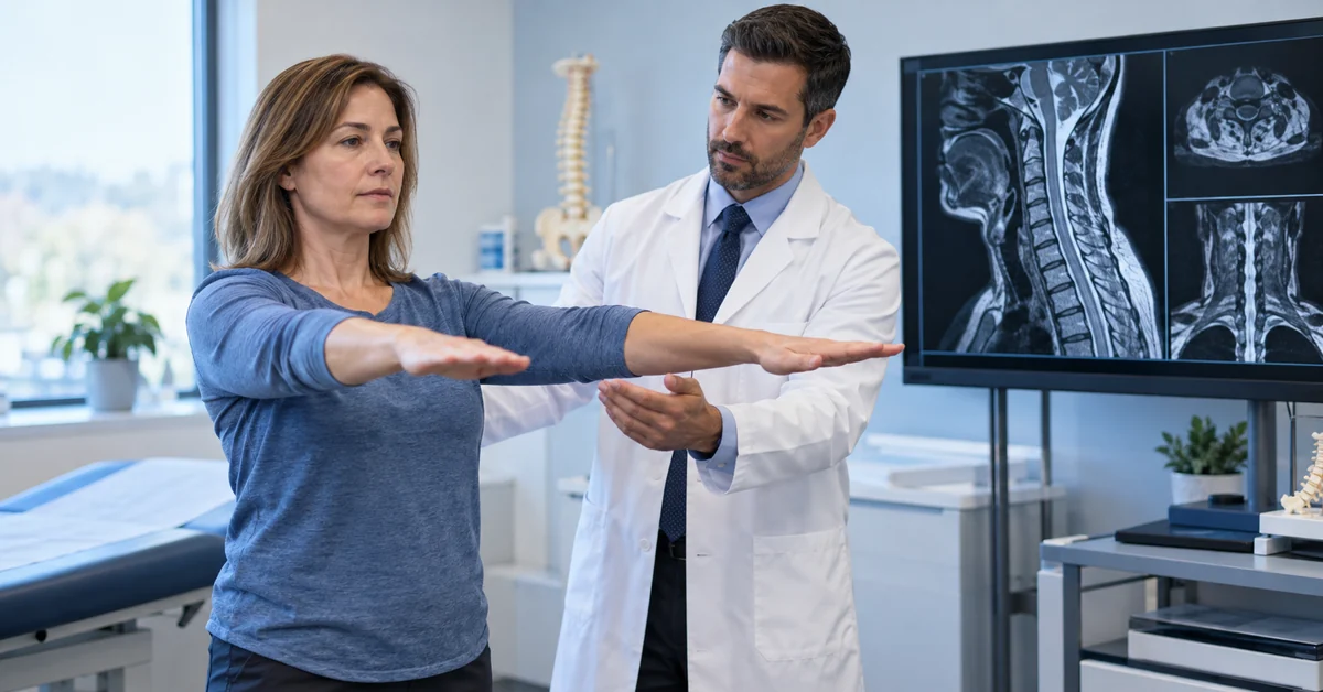 Doctor evaluating dizziness arm numbness and cervical spine symptoms