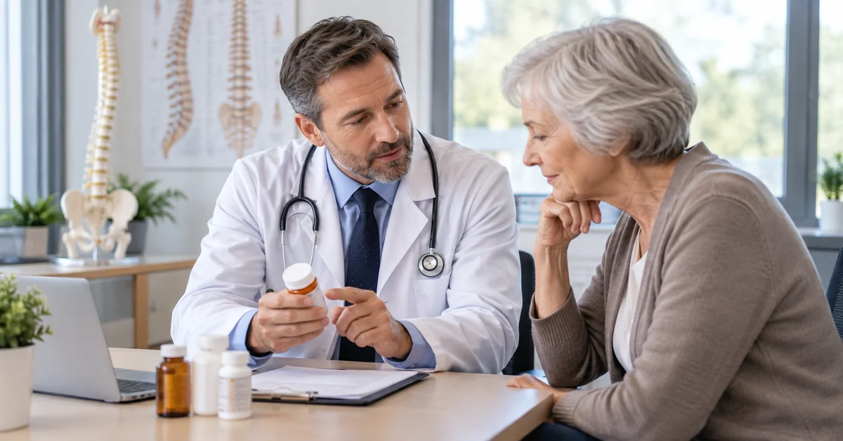 Doctor reviewing pain-management medication for spinal stenosis