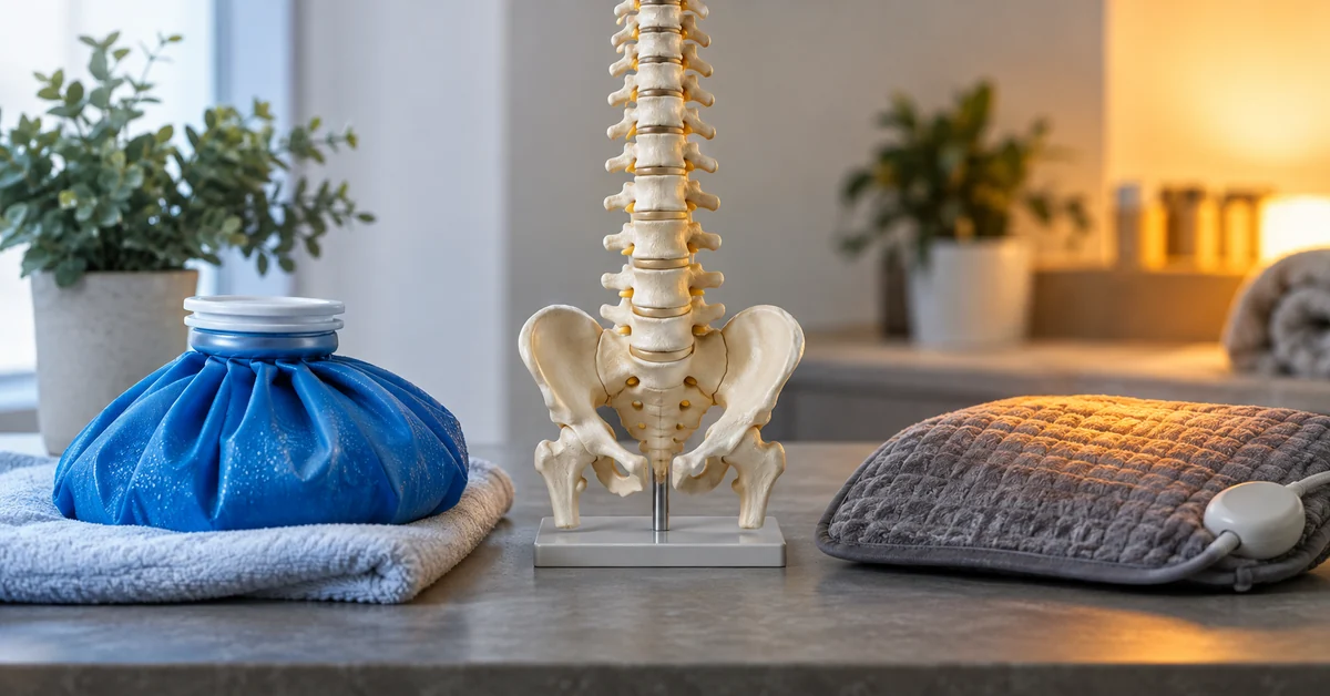 Ice pack and heating pad compared beside a spine model