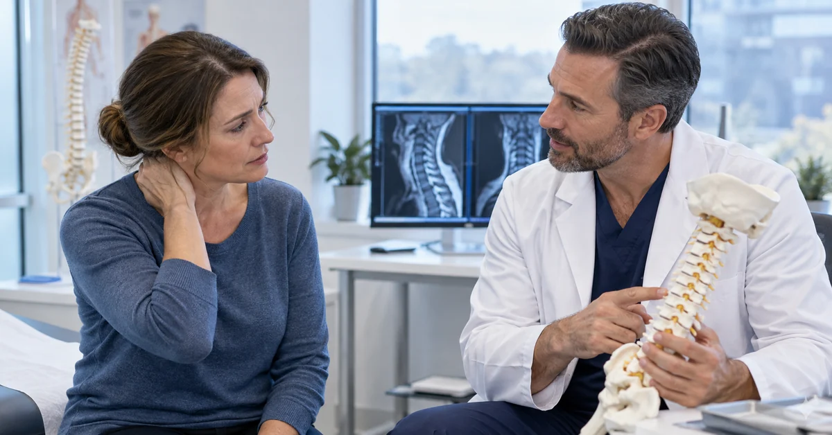 Patient discussing neck pain and dizziness with a spine clinician