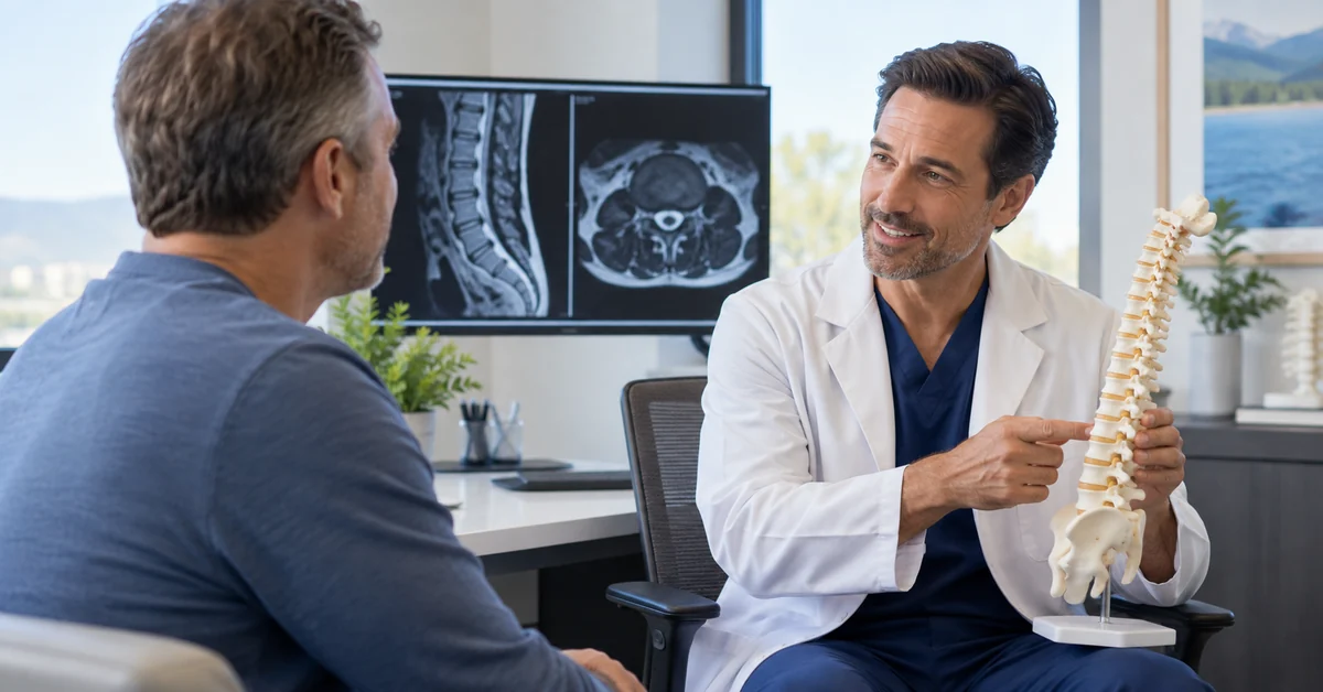 Spine specialist consulting with a patient about recurring back discomfort