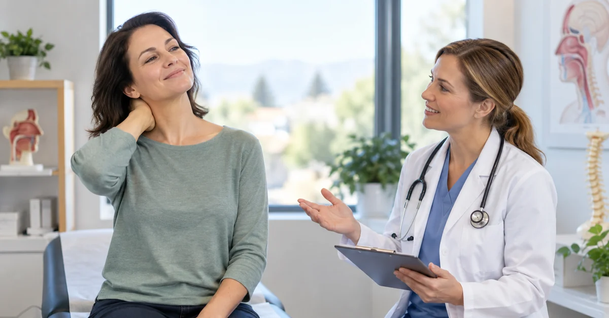Recovered patient discussing prevention of sinus-related neck pain