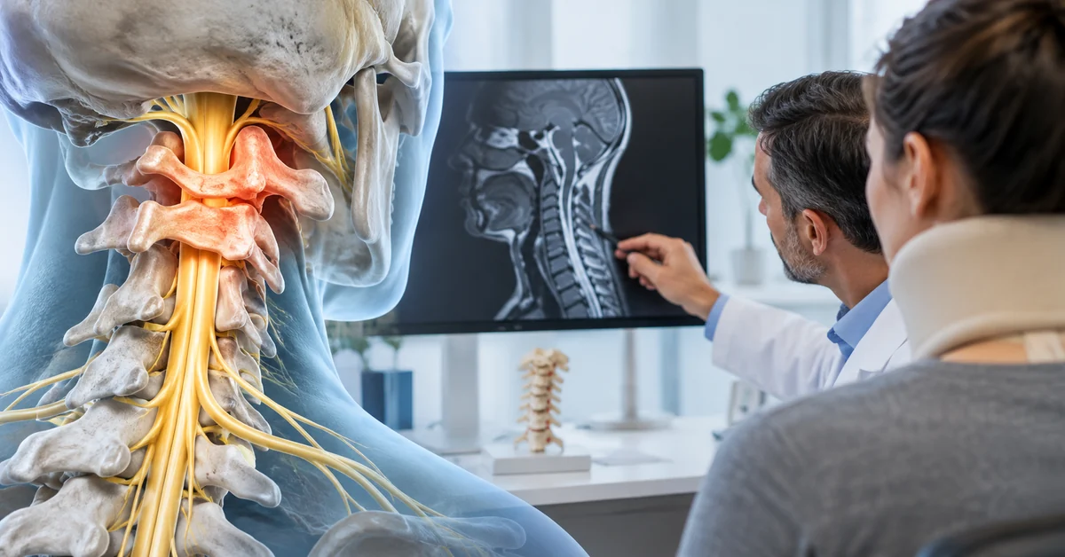 Medical illustration showing a C2 fracture near the spinal cord