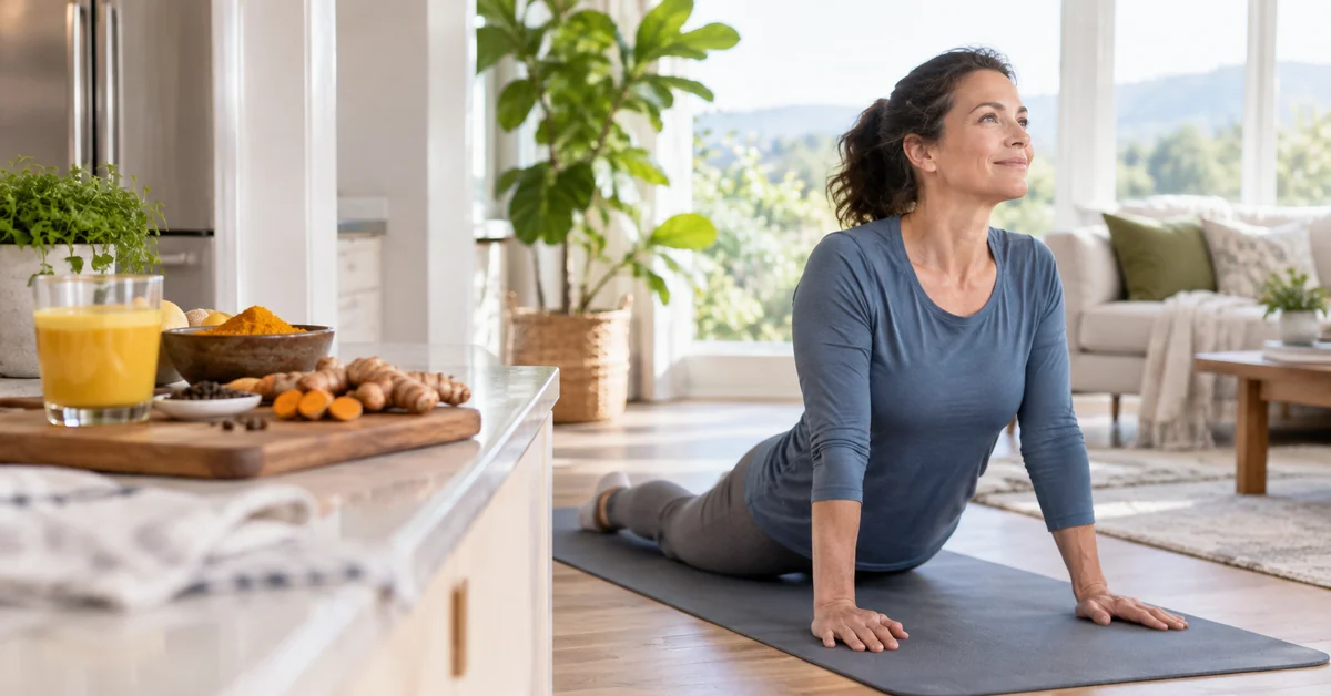 Gentle spine exercise and turmeric as part of a wellness routine