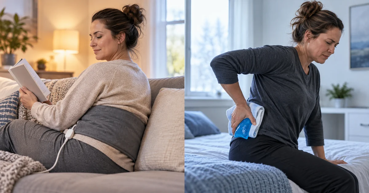 Adult using heat for stiffness and ice for a back-pain flare-up