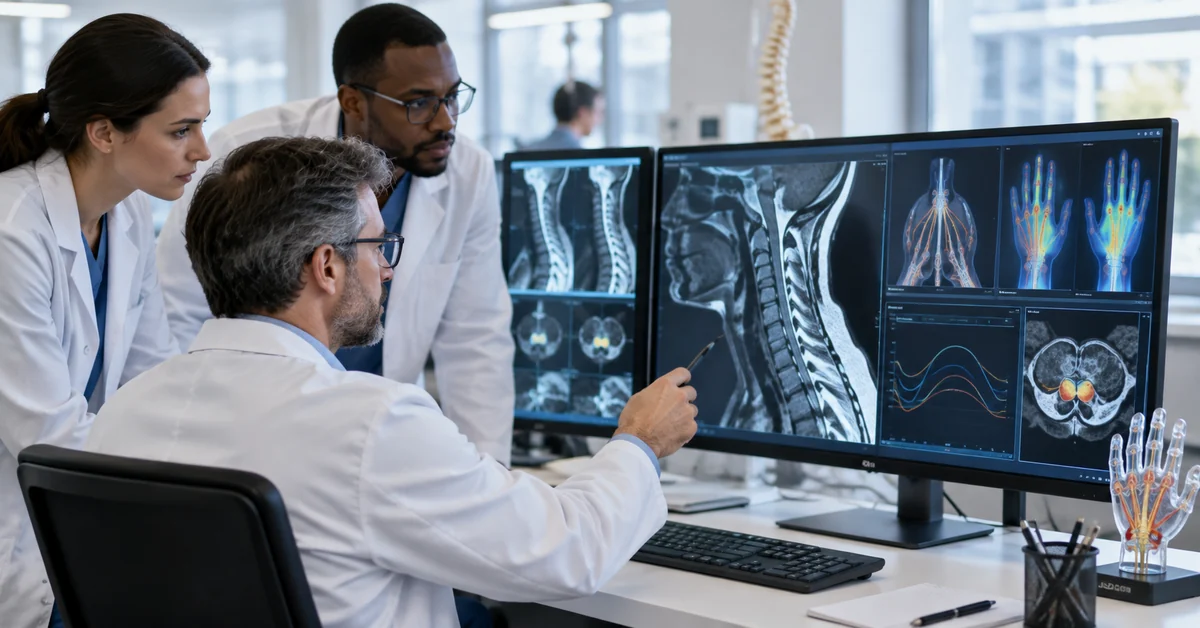 Researchers reviewing cervical nerve recovery imaging