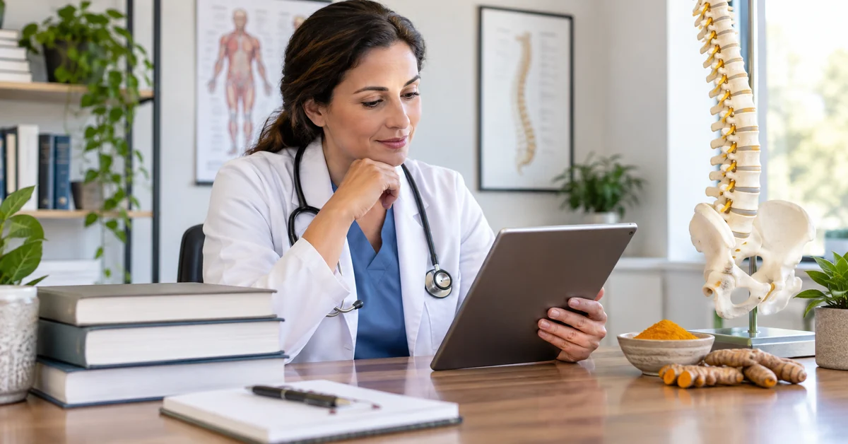 Clinician reviewing turmeric and back-pain medical research