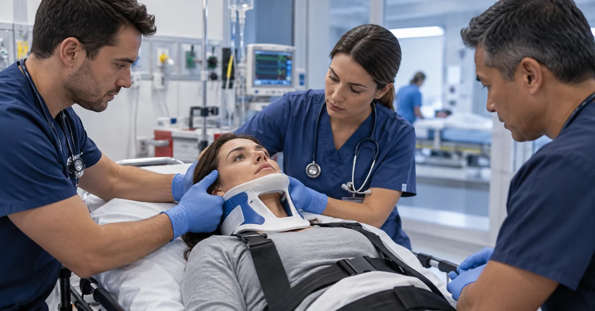 Emergency team stabilizing a suspected cervical spine injury