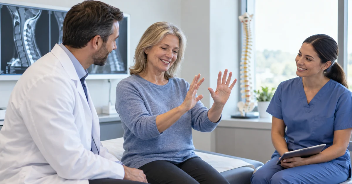 Patient demonstrating improved hand function at follow-up
