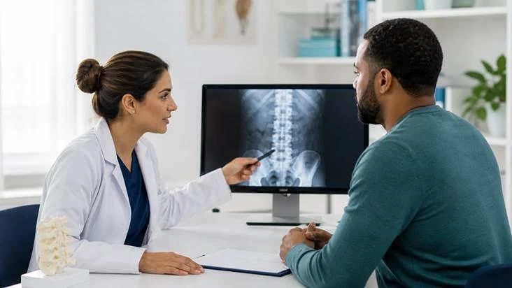 Doctor reviewing spine imaging with a patient during back arthritis diagnosis