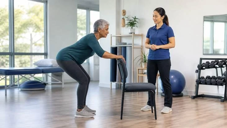 Physical therapist guiding an older adult through back arthritis exercises